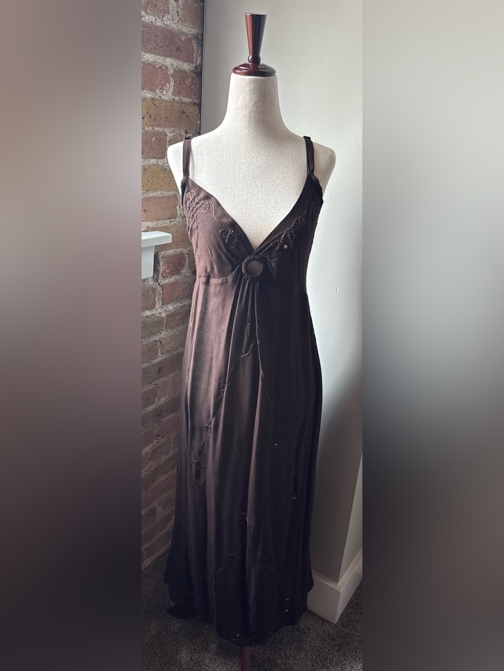 Brown Embroidered V-Neck Maxi Dress